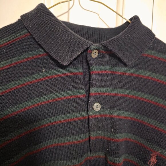 Polo Ralph Lauren Men's Medium Black/Red/Green Striped Long Sleeve Polo - Picture 3 of 4
